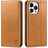 SHIELDON Genuine Leather RFID Blocking Wallet Case, Magnetic Kickstand Shockproof Protection, Compatible with 14 Pro Max 6.7'' 2022, Brown