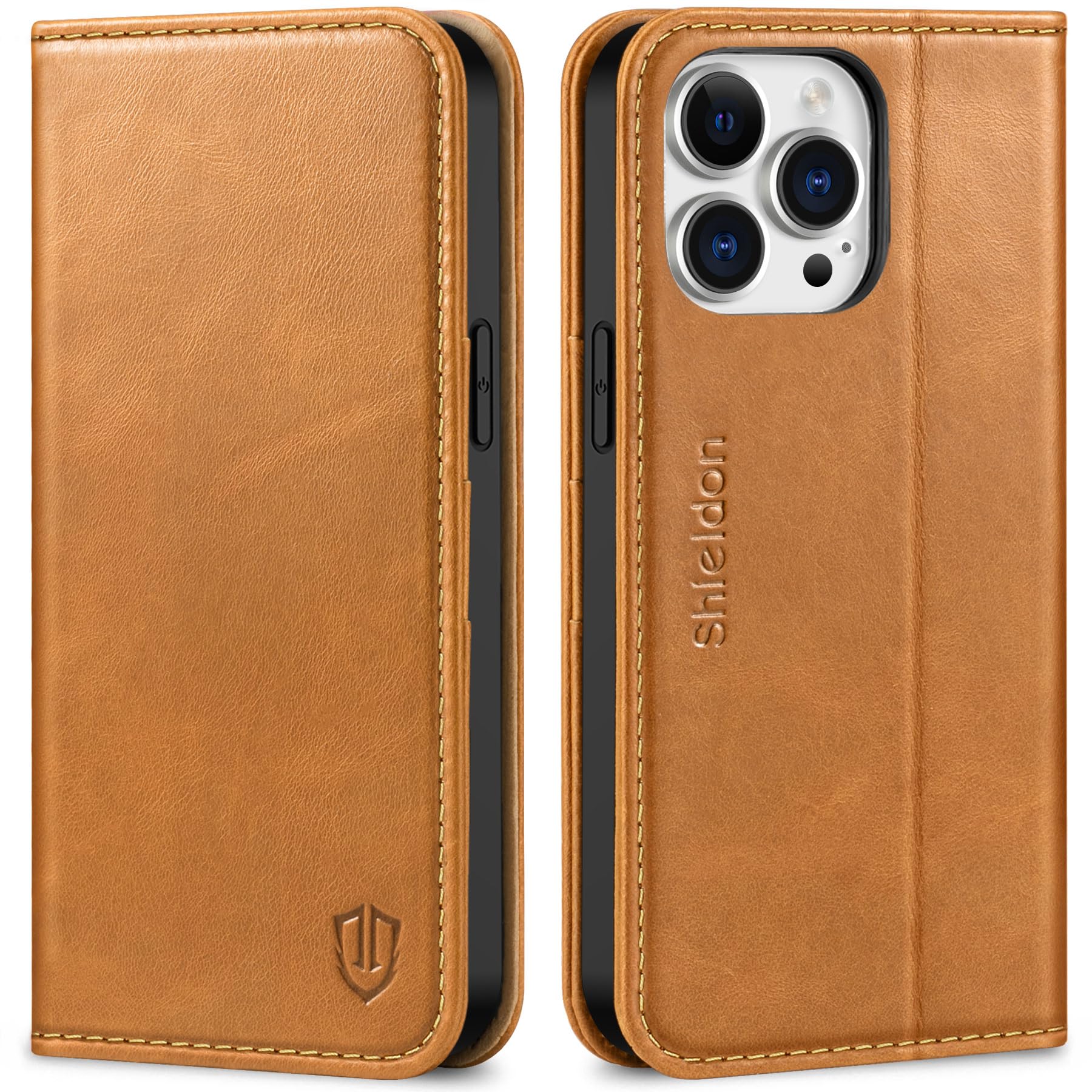 SHIELDON Flip Case for iPhone 14 Pro Max 5G, Genuine Leather Wallet Case with [Card Slots][RFID Blocking][Kickstand][Shockproof TPU Shell] Folio Cover Compatible with iPhone 14 Pro Max 2022, Brown