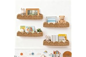 Nursery Book Shelves Set of 4 - Artisanal Natural Rattan Scalloped Book Shelf for Kids Rooms 15.8" W, Cute Wicker Nursery Boo