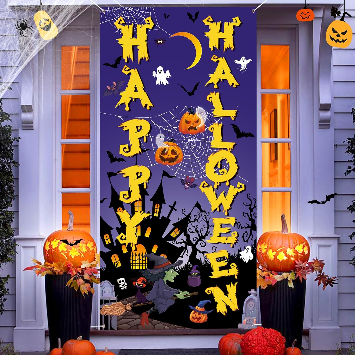 Garage Door Decorations - Halloween Door Cover Banner Happy Halloween Door Decorations Large Fabric Halloween Backdrop for Front Door Pumpkin Witch Porch Decor for Halloween Holiday Party Supplies Indoor Outdoor (Purple)