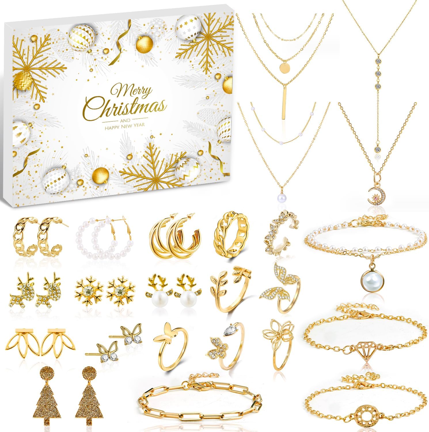 Advent Calendars - Jewerly Advent Calendar 2023 Adults Women Teen Girls,24 Day Countdown to Christmas Calendar with Gold Necklace Rings Earrings Bracelet Xmas Surprise Gift for Girlfriend Wife Daughter Mom
