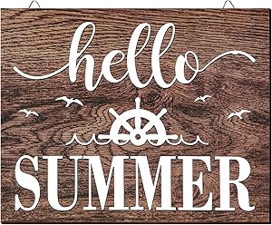 Jetec Hello Summer Wooden Sign Wooden Farmhouse Sign Home Rustic Front Door Decoration Wood Hanging Sign Wall Decor, 9.8 x 7.8 x 0.2 Inch