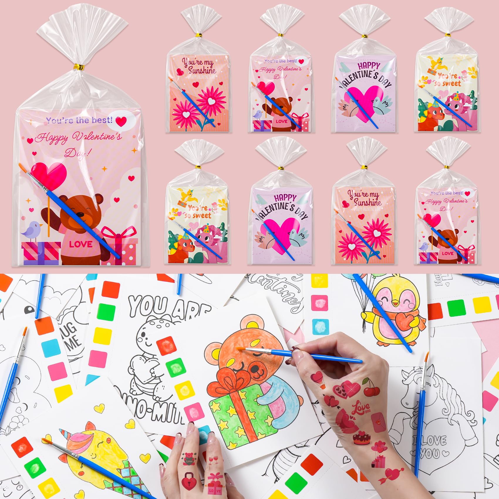 Valentines Day Gifts for Kids, 120Pcs Water Coloring Books & 320Pcs Temporary Tattoos Bulk with Valentines Day Cards for Kids Classroom School Preschool Party Favors Valentine Toddlers Crafts Prizes