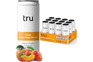 Tru Energy Seltzer, Clean Energy Drinks with B-Vitamins, Mango Fruit Juice Flavored Sparkling Water, 100 mg Natural Caffeine, Kosher, Gluten Free, Vegan, Low Calories, No Sugar Added Beverages, 12oz (Pack of 12)