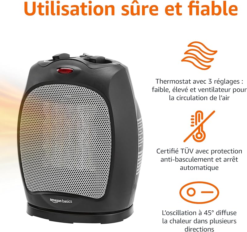 Radiateur soufflant et pivotant en céramique avec thermostat réglable 1800 W, Noir — photo 2 sur 7