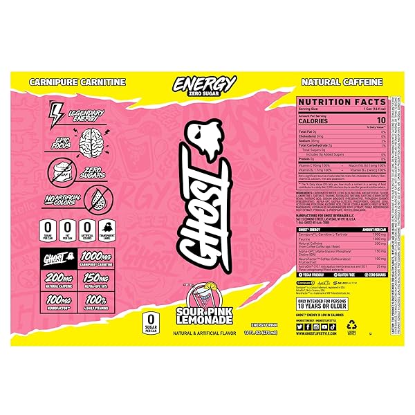 GHOST ENERGY DRINK – SINGLE CAN, SOUR PINK LEMONADE 16OZ – ENERGY & FOCUS & NO ARTIFICIAL COLORS – 200MG NATURAL CAFFEINE, L-CARNITINE & TAURINE – GLUTEN-FREE & VEGAN