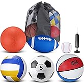Libima 6 Pcs Multi Sport Ball Set Official Size Football Basketball Soccer Volleyball Playground Ball Baseball with Outdoor Sports Equipment Bag Pump Back to School Sports Gift