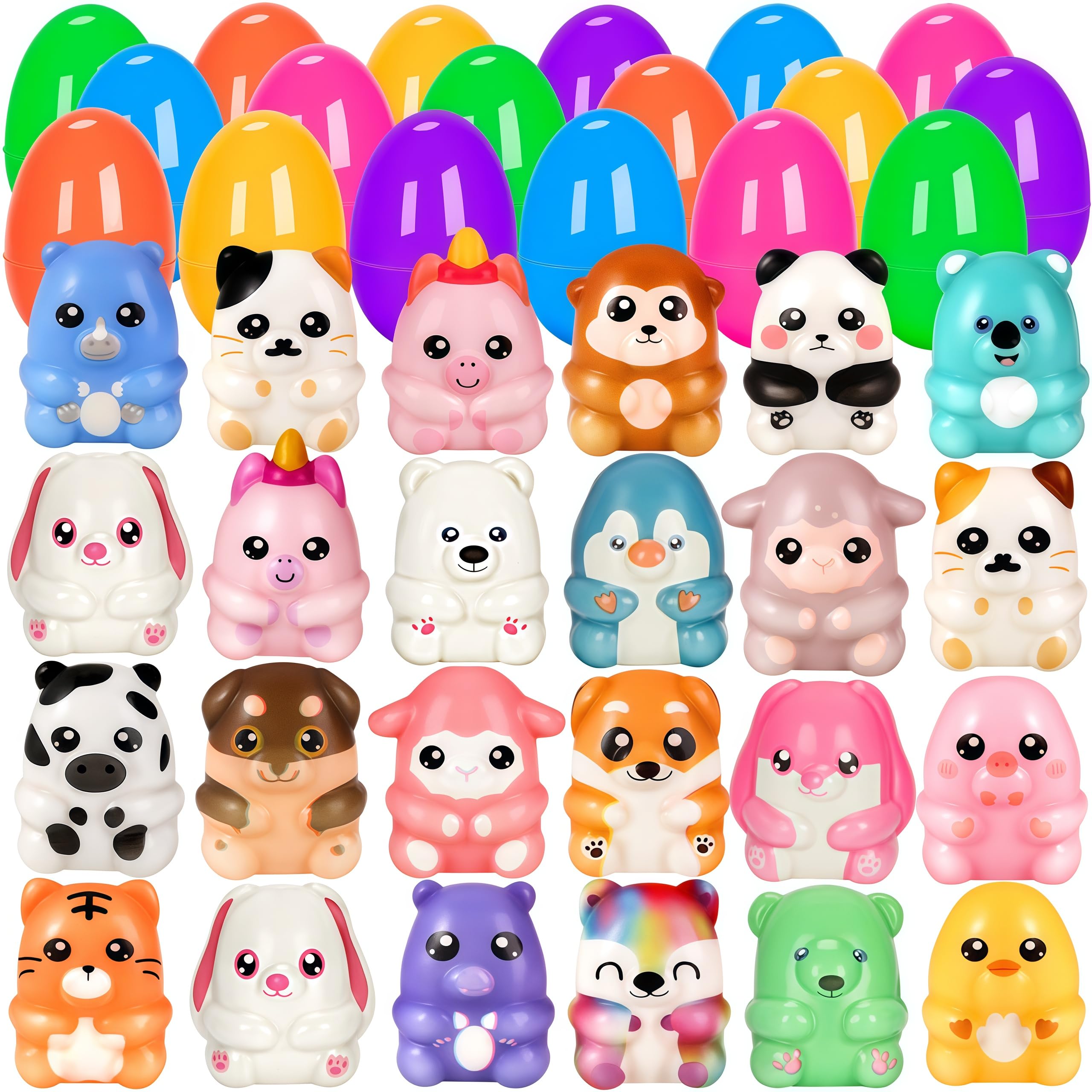 24 Pack Easter Eggs Filled with Squishy Toys, Easter Basket Stuffers Fillers with Kawaii Animals Toys, Kids Easter Theme Party Favors & Classroom Prizes, Ideal Easter Eggs Gifts for Boys Girls