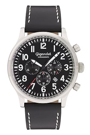 Gigandet Mens Quartz Watch Destination Aviator Chronograph Analog Leather Strap Black Silver G15-001