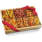 A Gift Inside Snack Gift Basket with Sweet &amp; Savory Gourmet Snacks &ndash; Caramel Corn, Pretzels, Roasted Almonds, Cheese Crisps &amp; Mixed Nuts in Wooden Gift Tray