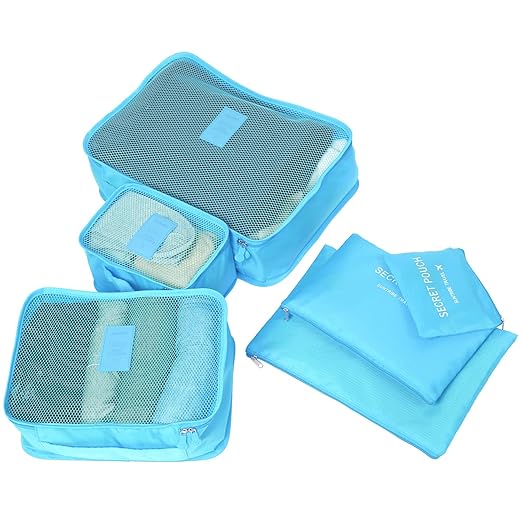 Molain 6-en-1 Set de Organizador de Equipaje, Impermeable Organizador de Maleta Bolsa para Ropa Sucia de Viaje, Material Nylon (Celeste)