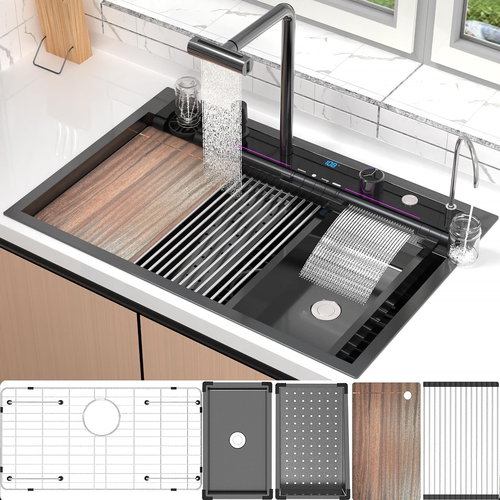 Photo 1 of ***PARTS ONLY***33x22 inch Drop In Kitchen Sink with Waterfall Faucet Combo Workstation- Gunmetal Black Stainless Steel 16 Gauge Single Bowl (Black, 33" x 22" x 10")