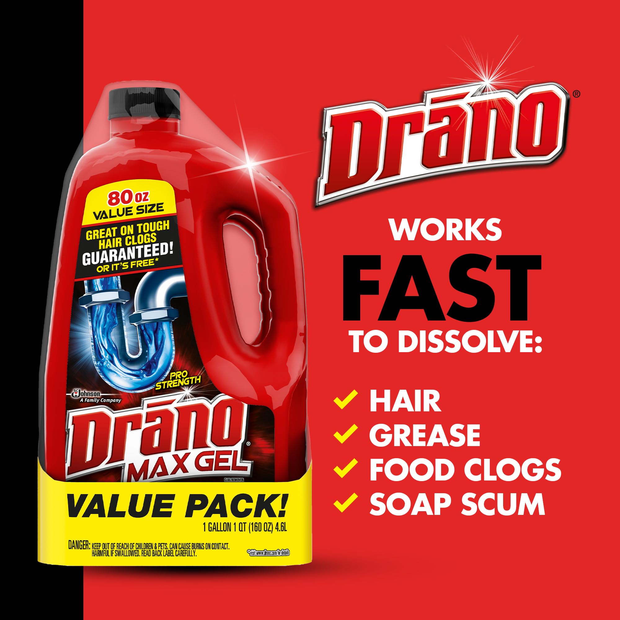 Drano Max Gel Drain Clog Remover and Cleaner for Shower or Sink Drains, Unclogs and Removes Hair, Soap Scum and Blockages, 80 Oz, Pack of 2