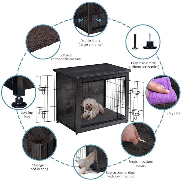 DWANTON DOG CRATE FURNITURE WITH CUSHION, WOODEN KENNEL TABLE WITH DOUBLE DOORS, INDOOR DOG HOUSE, SMALL/MEDIUM/LARGE/EXTRA LARGE SIZE, 27.2″ L, DARK GRAY
