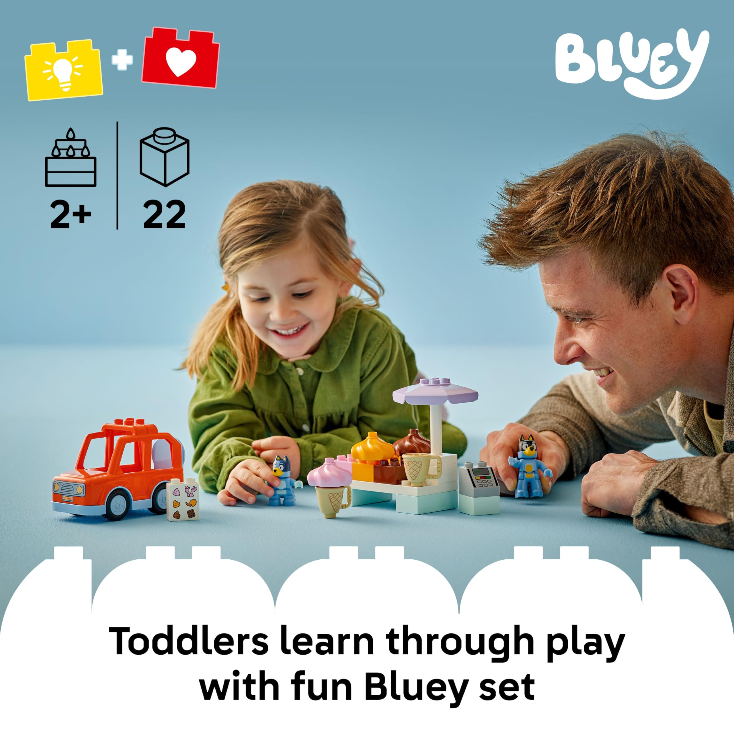 LEGO DUPLO Bluey Ice Cream Trip with Bluey - Toddler Toy for Kids, Boys, and Girls Ages 2+ - Includes Bluey Figure and Ice Cream Toy Stand - Sensory Toy for Pretend Play - Preschool Gift Idea - 10458
