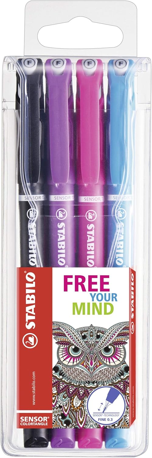 STABILO SENSOR Fineliner - Assorted Colours, Wallet of 4, black, turquoise, pink, lilac, 1 count (Pack of 4)