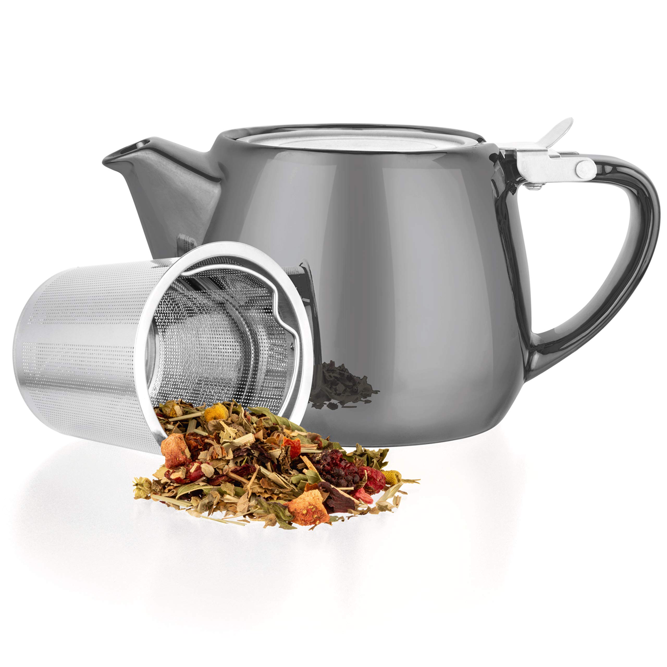 Tealyra - Pluto Porcelain Small Teapot Grey - 540ml (1-2 Cups) - Unique Finish - Stainless Steel Lid and Extra-Fine Infuser to Brew Loose Leaf Tea