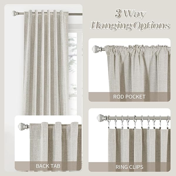 PANGSINNE LINEN FULL BLACKOUT TEXTURED CURTAINS – 90 INCH LENGTH ROOM DARKENING THERMAL INSULATED DRAPES FOR LIVING ROOM, BACK TAB 100% BLACK OUT BEIGE WINDOW CURTAIN