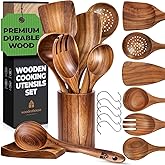 Wooden Utensil Set 8 Pcs – Sturdy & Easy to Clean, Natural Teak Wooden Spoons for Cooking – Non-Scratch Cooking Utensils with