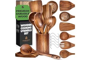 Wooden Spoons for Cooking, Cooking Utensils Set, Kitchen Utensil Set with Holder, Spoon Rest & Hanging Hooks, Teak Wood Nonst