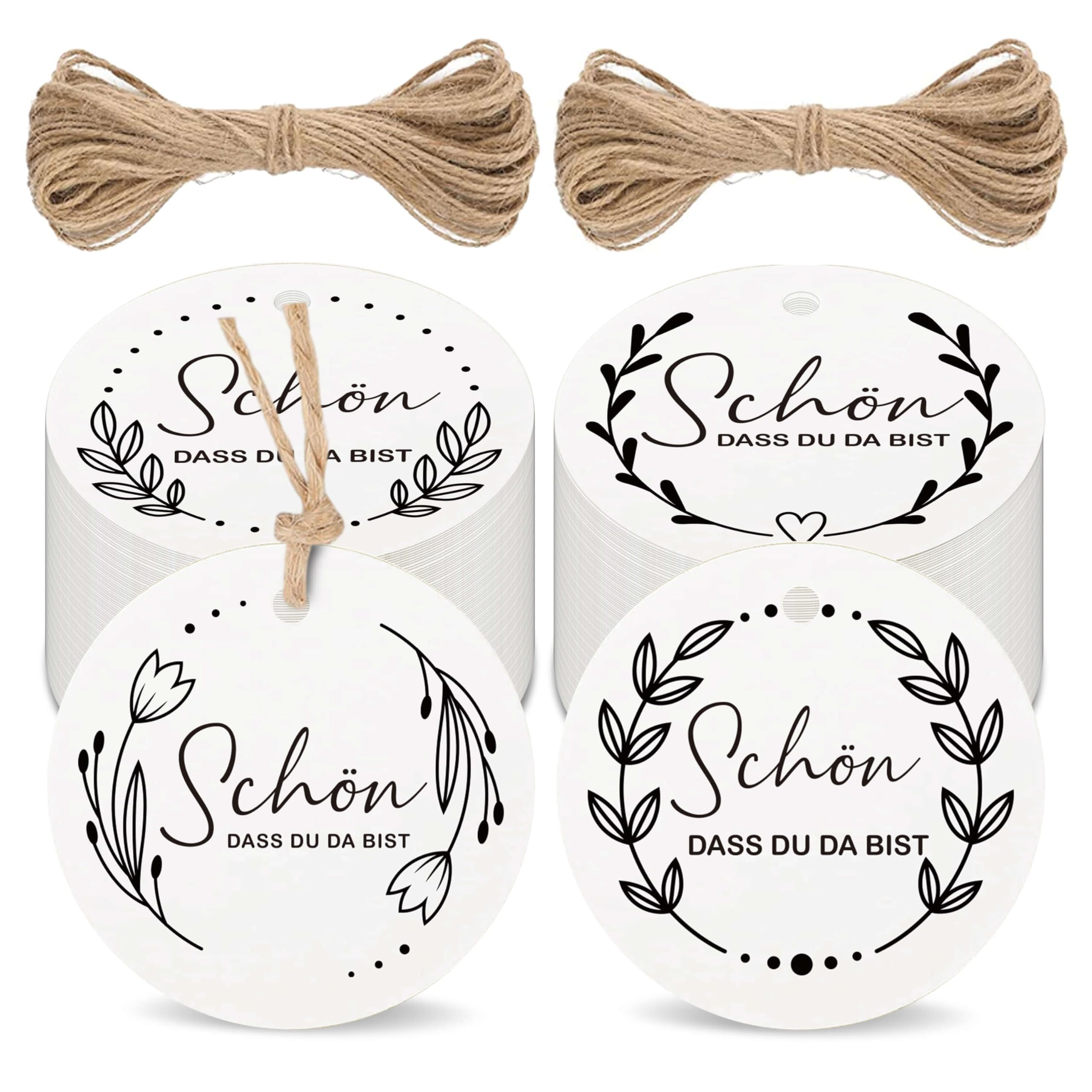 Biroyal Gift Tags, 5 cm, "Schön, dass du da bist" (German language), Pack of 100, Gift Tags with 50 cm Jute String for Handmade Wedding Christmas Random Delivery in White or Kraft Paper