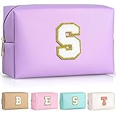 TOPEAST Initial Cosmetic Bag for Women, Preppy Small Makeup Bag, PU Leather Waterproof Toiletry Bag, Monogrammed Birthday Gifts for Women, Stuff for girls (Purple S)