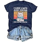 Cat Shirt I Like Cats and Coffee and Maybe 3 People Graphic T-Shirt Vintage Cat Lover Shirts Retro Coffee Lover Gift Tee Tops