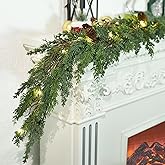 MDSTBN 6ft Realistic Christmas Garland with LED Lights Artificial Cedar Cypress Garland with Pine Cones Garland for Home Fireplace Wall Indoor Outdoor Holiday Party Decoration-8 Lighting Modes