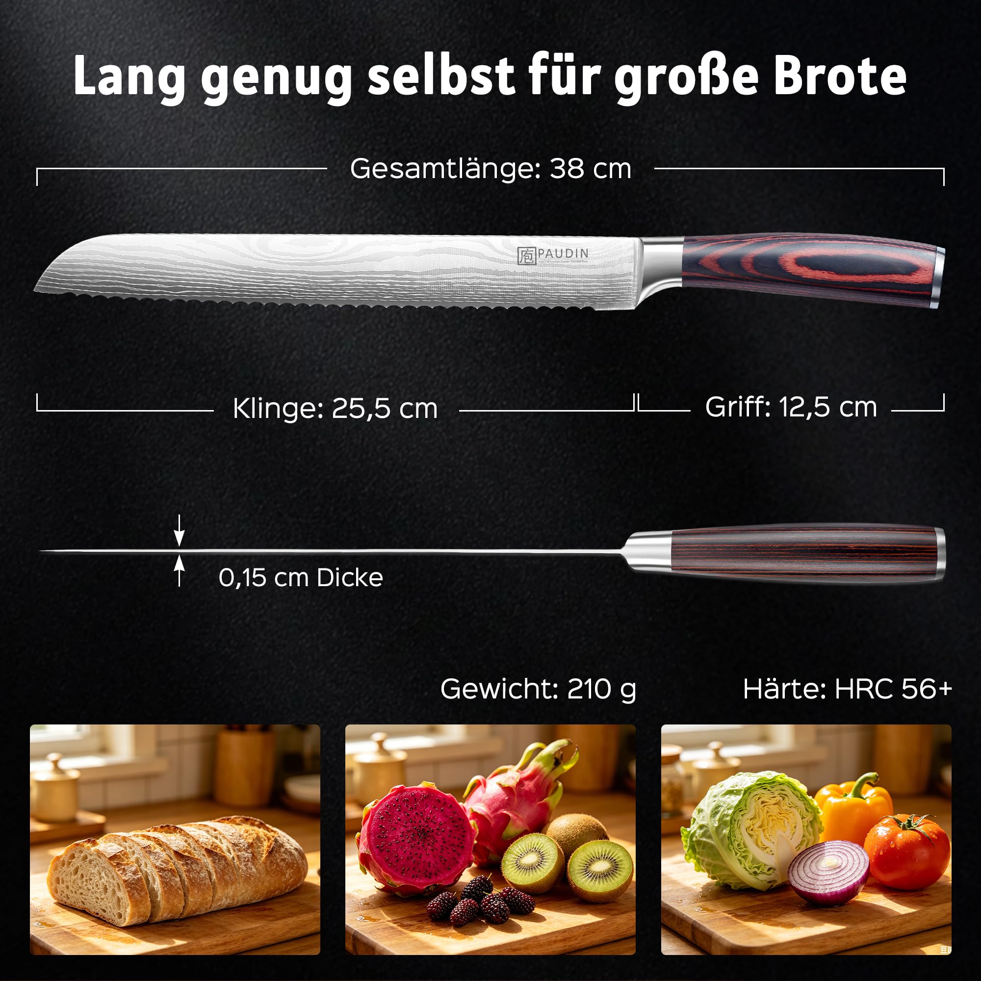 PAUDIN Brotmesser mit Wellenschliff 26 cm aus hochwertigem rostfreiem Edelstahl, extra scharfe Messerklinge mit ergonomischem Pakkaholzgriff 6