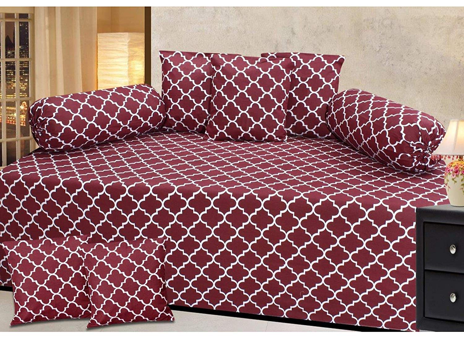 Decorista Diwan Set with Cushion Covers and Bolsters (Multicolour