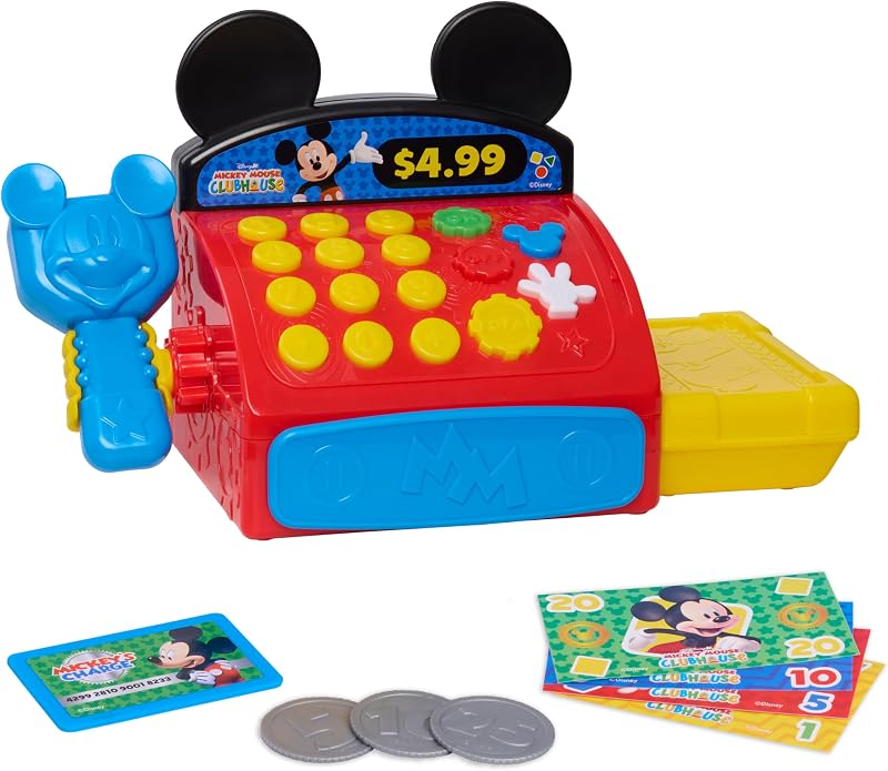 Caixa registadora Disney Jr. Micky Mouse Clubhouse com sons, frases e dinheiro de brinquedo, 10 peças, desenvolve competências básicas de matemática, brinquedo para crianças a partir dos 3 anos, pela Just Play