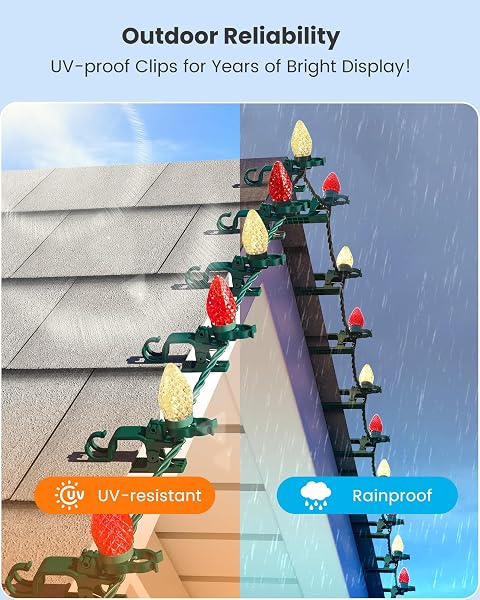 SURAIELEC C9 LED CHRISTMAS LIGHTS WITH CLIPS, 67FT 100 COUNT OUTDOOR CHRISTMAS ROOF LIGHTS WITH SPRING CLIPS, RED & WARM WHITE STRING LIGHTS FOR HOUSE, GUTTERS, SHINGLES, ROOFLINE, UL LISTED