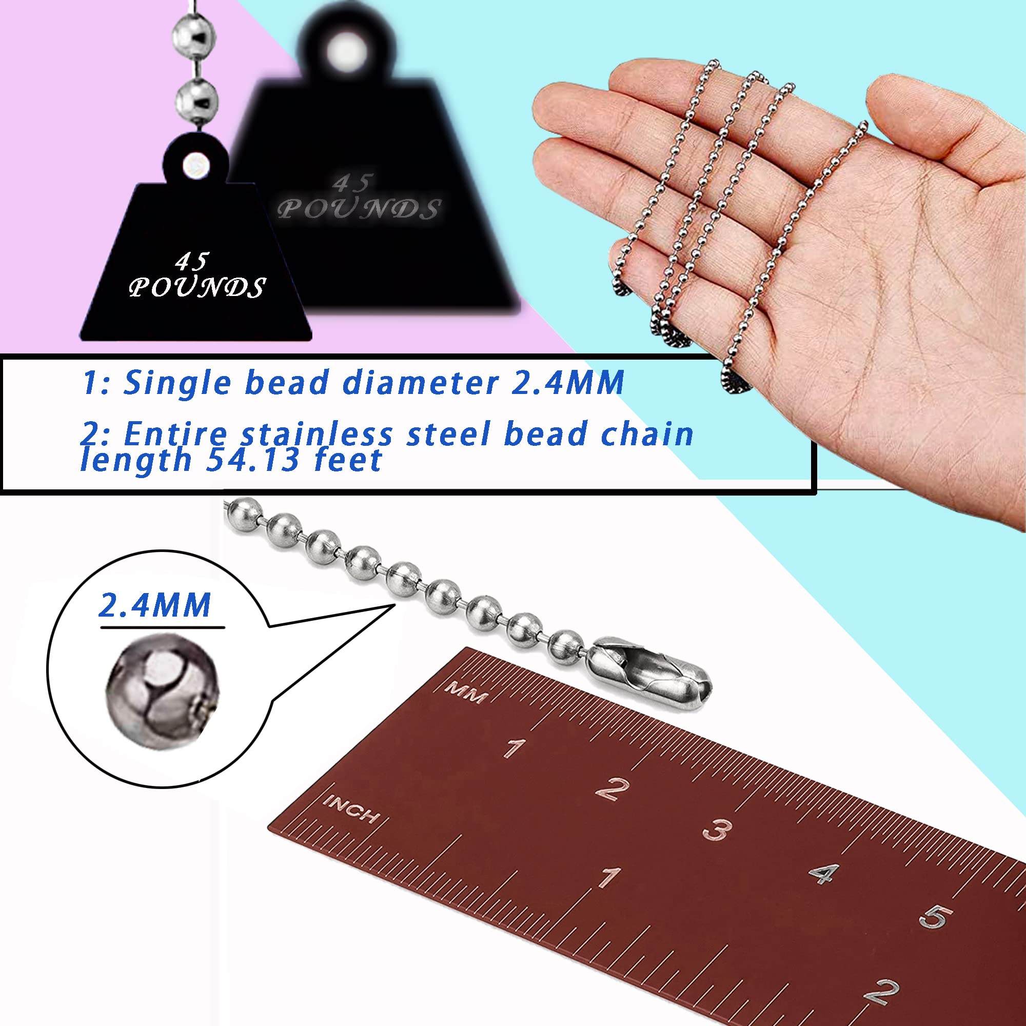 YZDTECH Ball Bead Chain, 55ft Stainless Steel Chain Ball Chain Necklace Bulk with 100 Pieces Matching Connectors Clasps for Jewelry Making, Necklace Hanging, Dog Tag, DIY Crafts