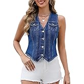 Ladyful Denim Vest Top for Women V Neck Jean Vest Waistcoat Button Down Sleeveless Crop Denim Top