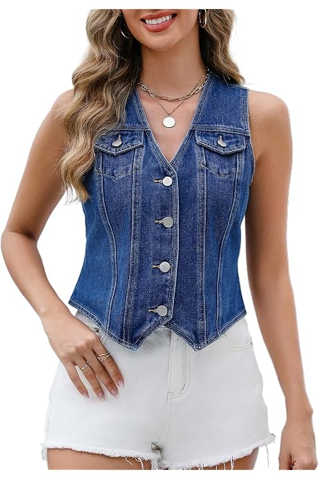 Women's Sleeveless Patchwork Denim Crop Vest - Back Zipper, Colorblock, Frayed Hem