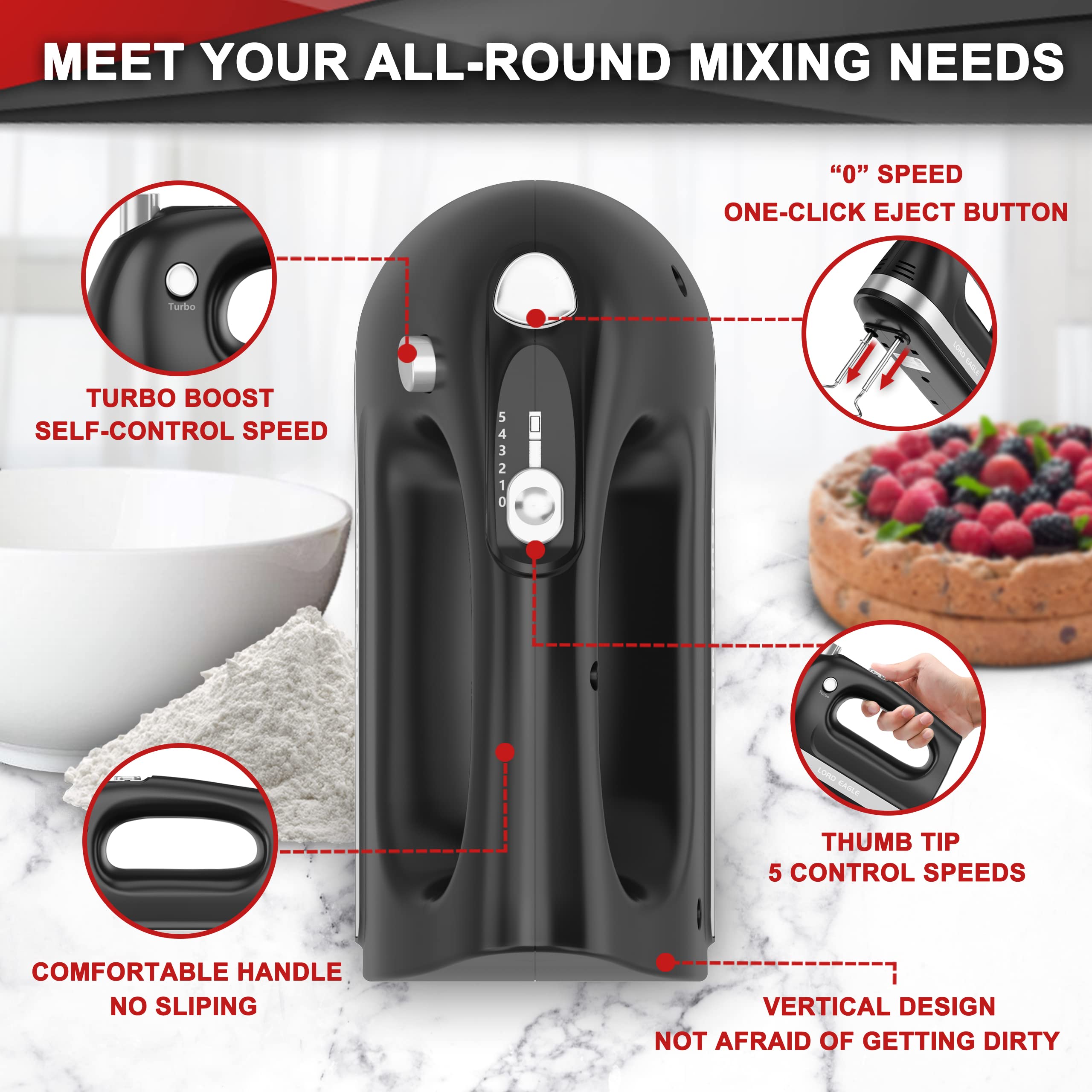 Lord Eagle Hand Mixer Electric 400W, 5 Speed handheld Mixer, 5 Stainless Steel Accessories for Baking Cake Egg Cream Food Beater, Turbo Boost/Self-Control Speed + Eject Button