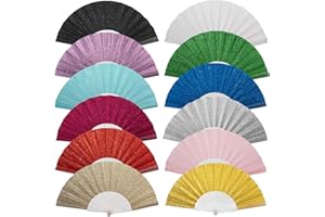 SiissaPeksid 12 Pack Handheld Fan,Folding Hand Glitter fan with Shining Transparent Fan Rib – Ideal for Wedding, Church, Festival, Dance, Tea Party, Club, and EDM Accessories, Mixed