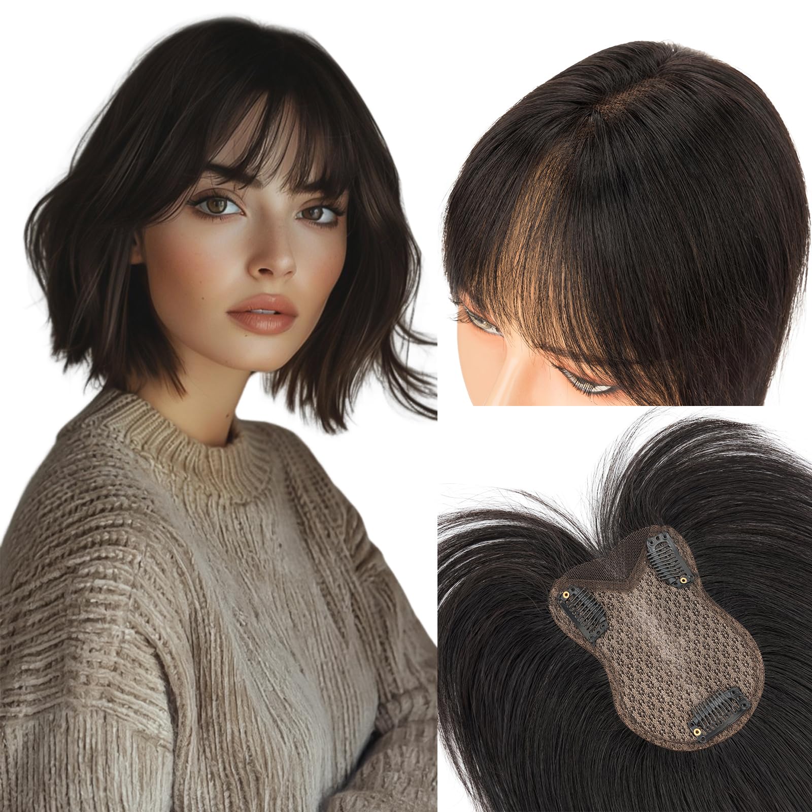 MY-LADY Human Hair Topper With Bangs 8x11cm Silk Base Hair Toppers For Thinning Hair Women Real Hair UK Hairpieces Clip in Extension #1B Natural Black - 11 Inch — image 1