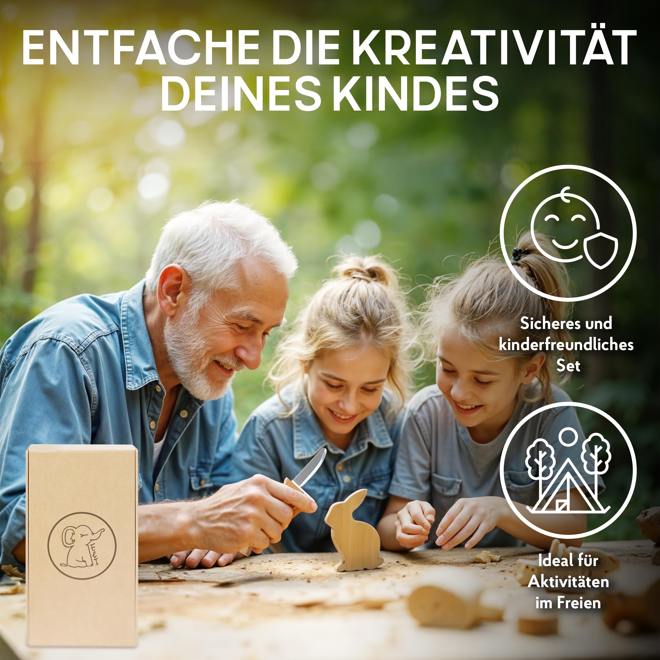 Eli® Schnitzmesser Kinder mit Filztasche ab 6 Jahre - hochwertiges Kindermesser Schnitzset inkl. schnittfeste Handschuhe - Kinderschnitzmesser - Schnitzwerkzeug - Outdoor Messer - grün 3