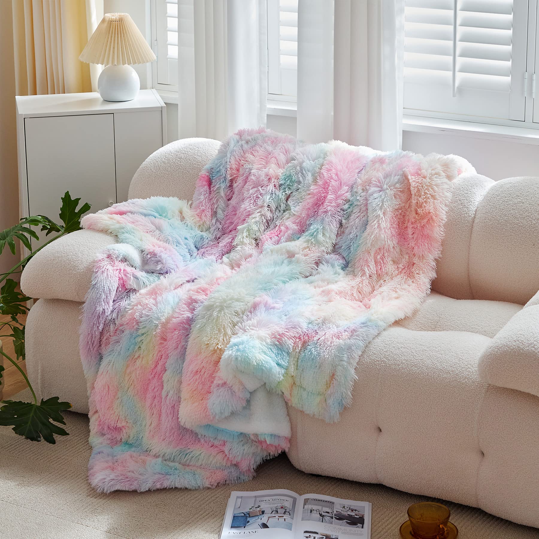 Wajade Blanket for Girl Large Colorful Rainbow Faux Fur Throw Super Soft Warm Fluffy Blanket for Sofa Couch (200x220cm)