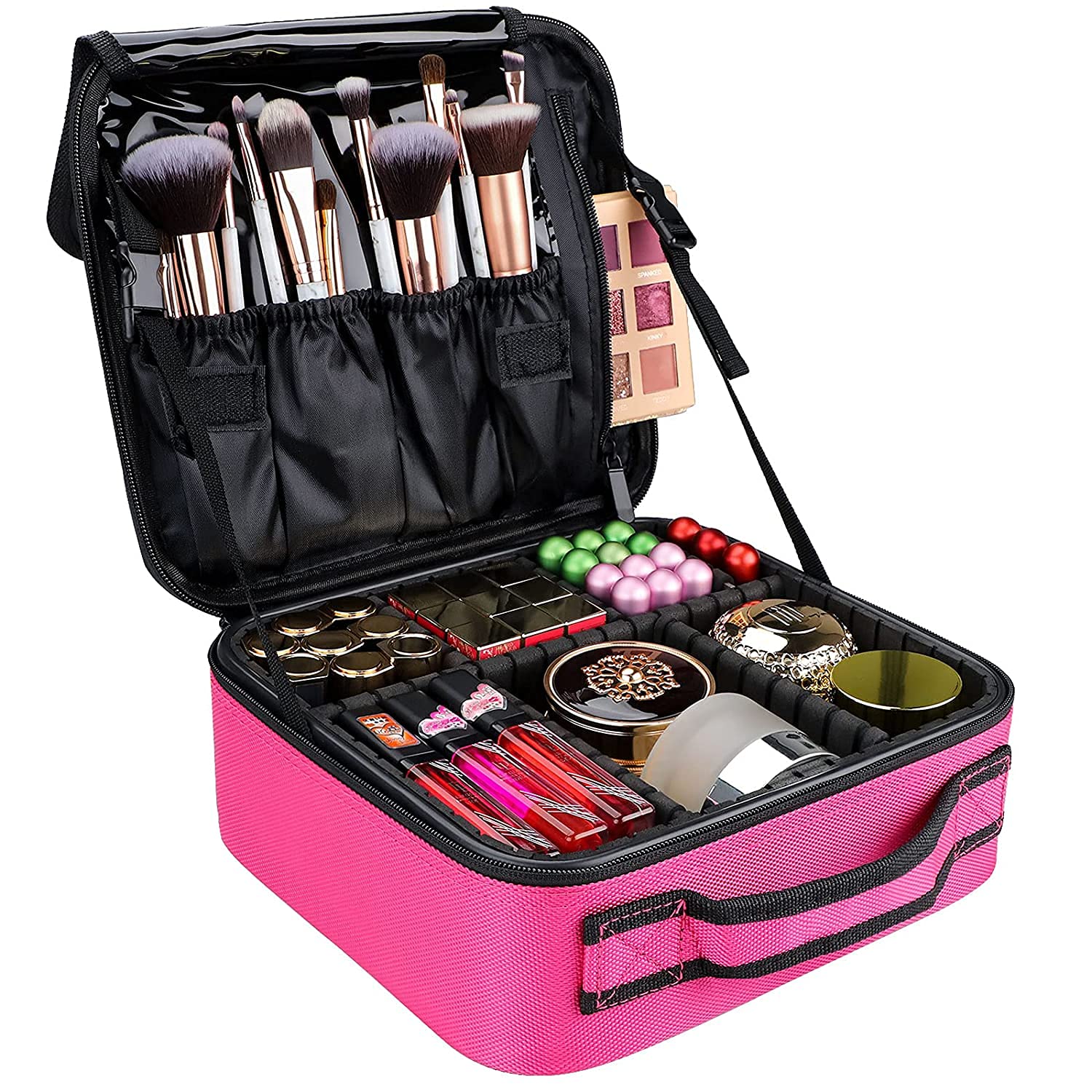 gzcz Travel Makeup Bag 10.4 Inches Professional Cosmetic Case Make Up Bag Cosmetic Brush Organizer Bag with Adjustable Divider, Storage Case for Girls and Women(S-Rose Red)