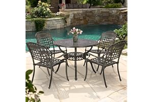 W WARMHOL 5-Piece Outdoor Patio Dining Set, All-Weather Cast Aluminum Patio Furniture Set with 4 Chairs and 38.5" Round Table for Backyard Garden Deck, 2" Umbrella Hole