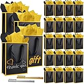IWOLOMI 24 Pack Metallic Paper Gift Bags with Handle and Tissue Paper, 5 Senses Gift Bags for Him Her with Labels Thank You Bag for Wedding Bridal Valentines Day Gifts Bag 9 x 4 x 7''(Black Gold)