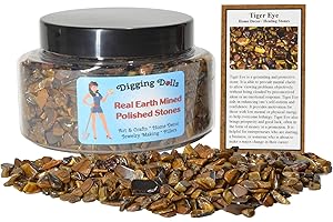 Digging Dolls: 1 Gift Jar (Around 2 lbs) of Tumbled Tiger Eye Chip Stones w/Stone Information Card - Polished Rocks for Crafts, Art, Vase Filler, Decoration, Crystal Jewelry Making and More!