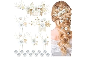 Cinaci 18 Pieces Bridal Wedding Party Prom Pearl Rhinestone White Flower Hair Side Combs Slides+U-shaped Flower Hair Pins+Twist Spiral Hairpins Floral Headpieces for Brides Bridesmaids Women Girls