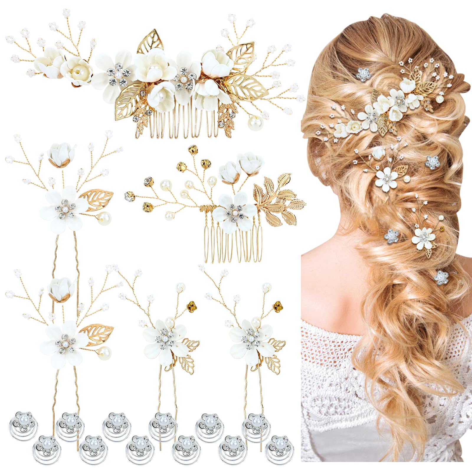 Cinaci 18 Pieces Bridal Wedding Party Prom Pearl Rhinestone White Flower Hair Side Combs Slides+U-shaped Flower Hair Pins+Twist Spiral Hairpins Floral Headpieces for Brides Bridesmaids Women Girls
