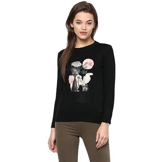 Women's Fashion Stretchy Round Neck Black Long Sleeve Pullovers Sweaters Top