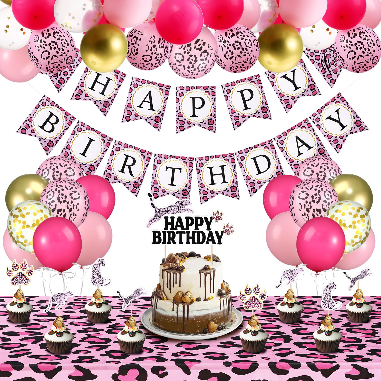 Photo 1 of Civaner 51 Pieces Pink Cheetah Birthday Decorations Including Cheetah Birthday Banner Theme Balloons Leopard Cake Topper Safari Animal Print Tablecloth and Ribbon for Baby Shower Party Supplies
