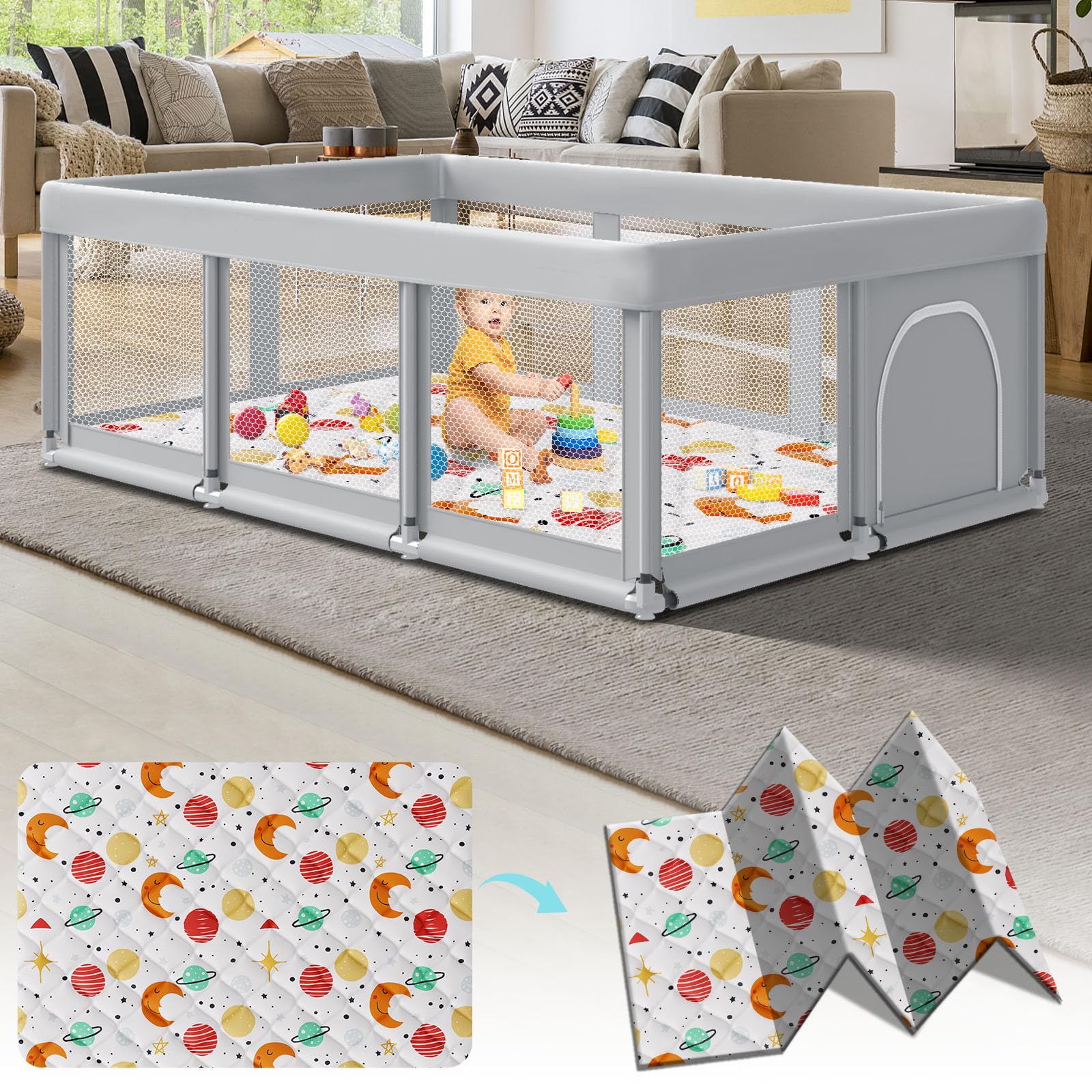 Photo 1 of Fshibila 74" ×50" Baby Playpen with Mat, Baby Playard for Babies and Toddlers, Play Pens for Indoor & Outdoor, Sturdy Safety Play Yard with Soft Breathable Mesh, Anti-Fall, Grey