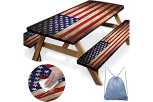 Britown American Flag Vintage Picnic Table Cover with Bench Covers, Military Fitted Rectangle Table Cover, Outdoor Patio Camping Essentials 6FT 3PCS, Camping Fitted Tablecloth with Drawstring Bag
